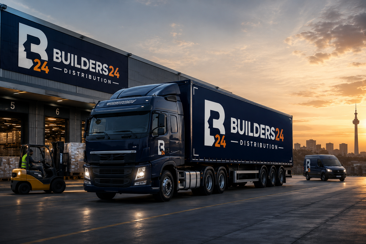 Builders24 Distribution truck loading at a distribution centre at dusk, ready for cross-border delivery across Africa