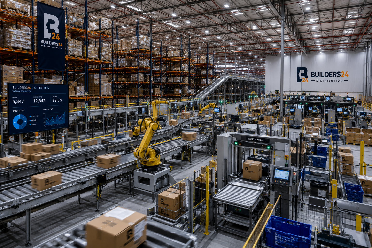Automated Builders24 Distribution warehouse with robotic sortation, conveyor pack stations, and real-time order dashboards